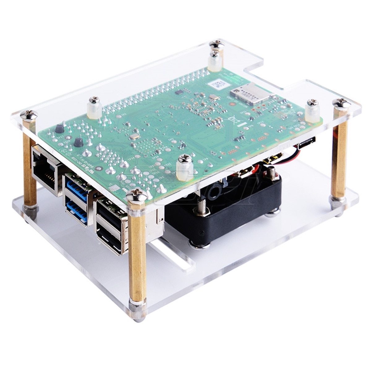 Transparent acrylic case with cooling fan housing a green Raspberry Pi board featuring USB ports for electrónica componentes . - Carcasa Acrílico Ventilador Raspberry Pi - Microbot México - Default Title