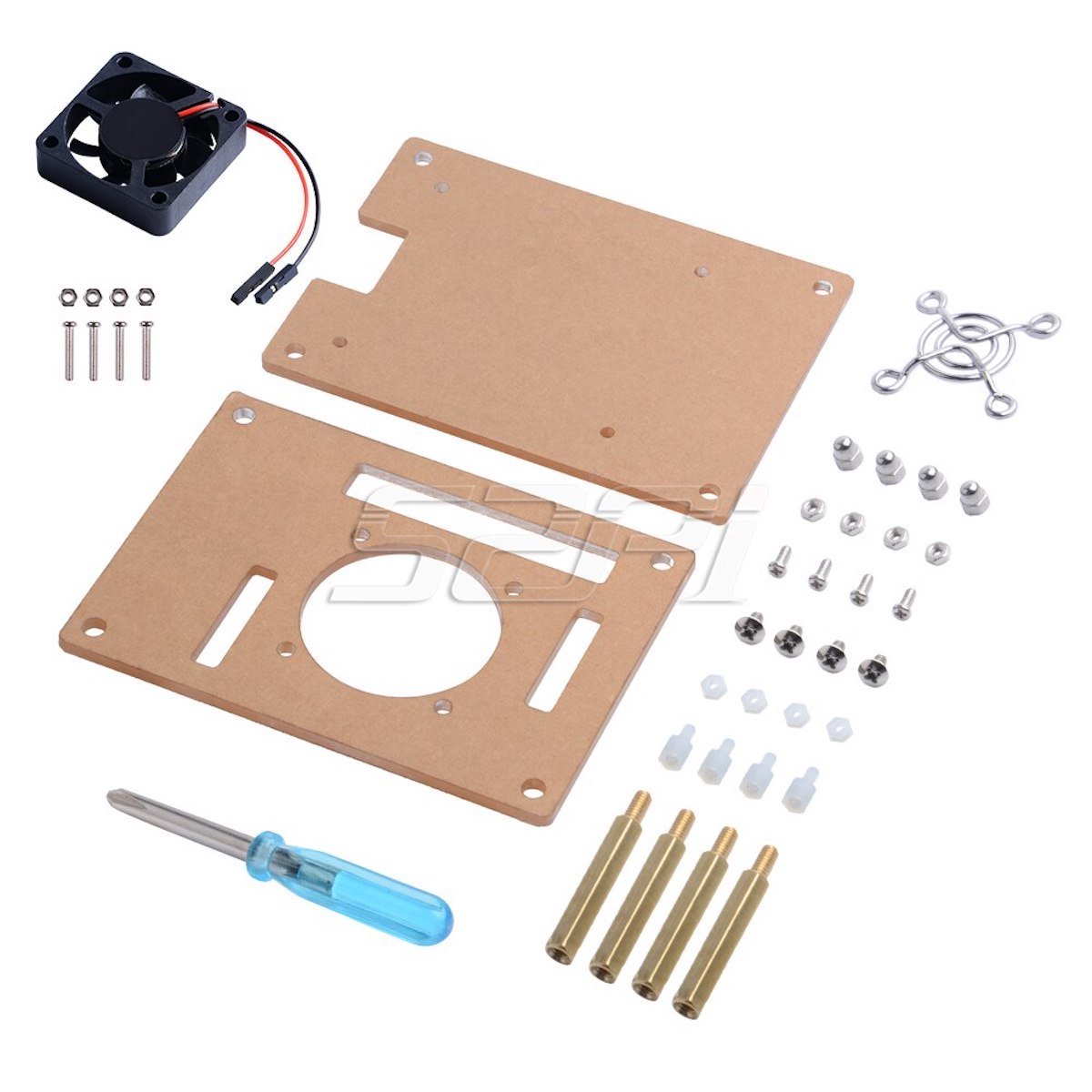 Acrylic Raspberry Pi case components with cooling fan, screws, spacers, and screwdriver for electronics and microcontrollers. - Carcasa Acrílico Ventilador Raspberry Pi - Microbot México - Default Title