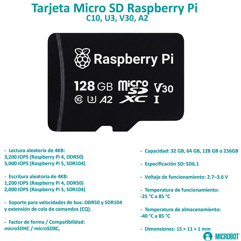 Micro SD Oficial Raspberry Pi Clase 10 A2 V30 (con Raspberry Pi OS)