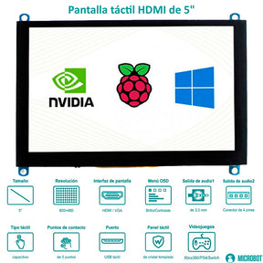Pantalla HMI Táctil 5 Pulgadas HDMI Capacitiva 800x480 Raspberry Pi