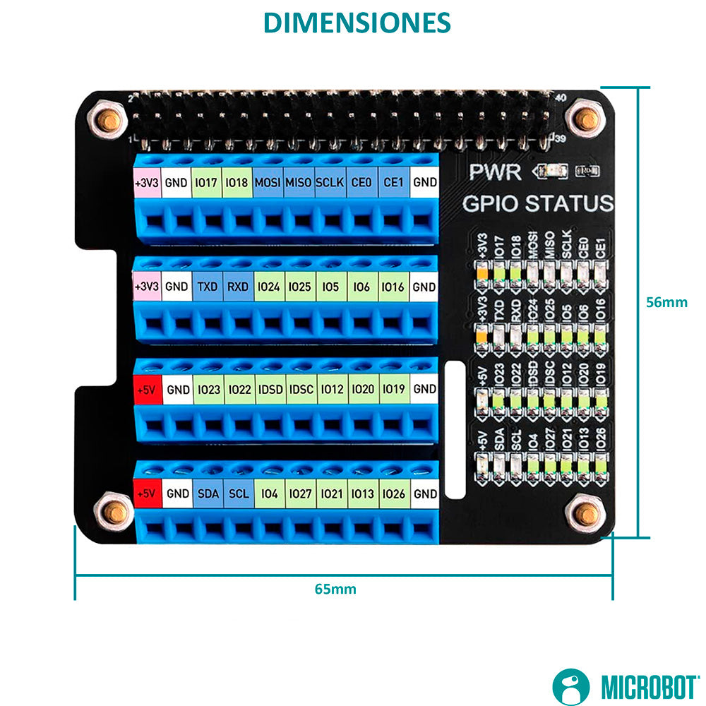HAT de Borneras Atornillables GPIO para Raspberry Pi con LEDs