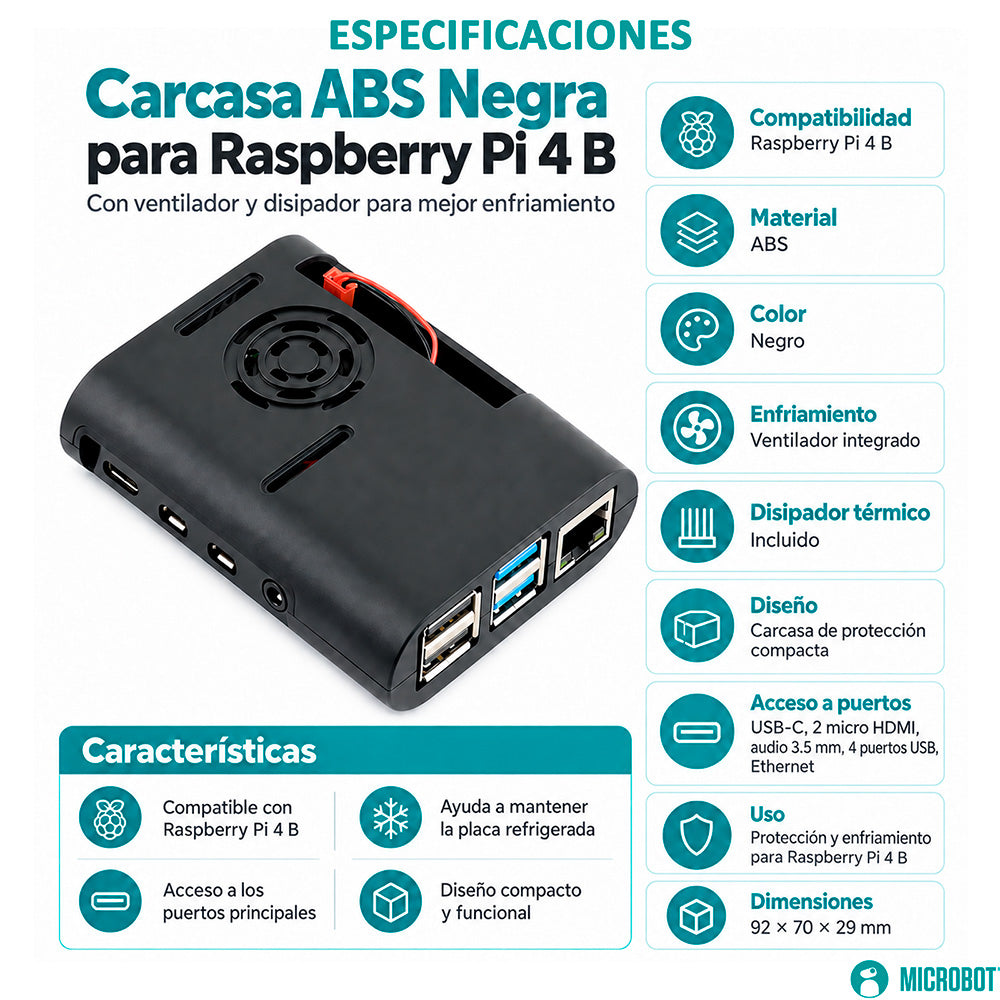 Carcasa ABS Negra Raspberry Pi 4 Disipación Activa Ventilador 5V