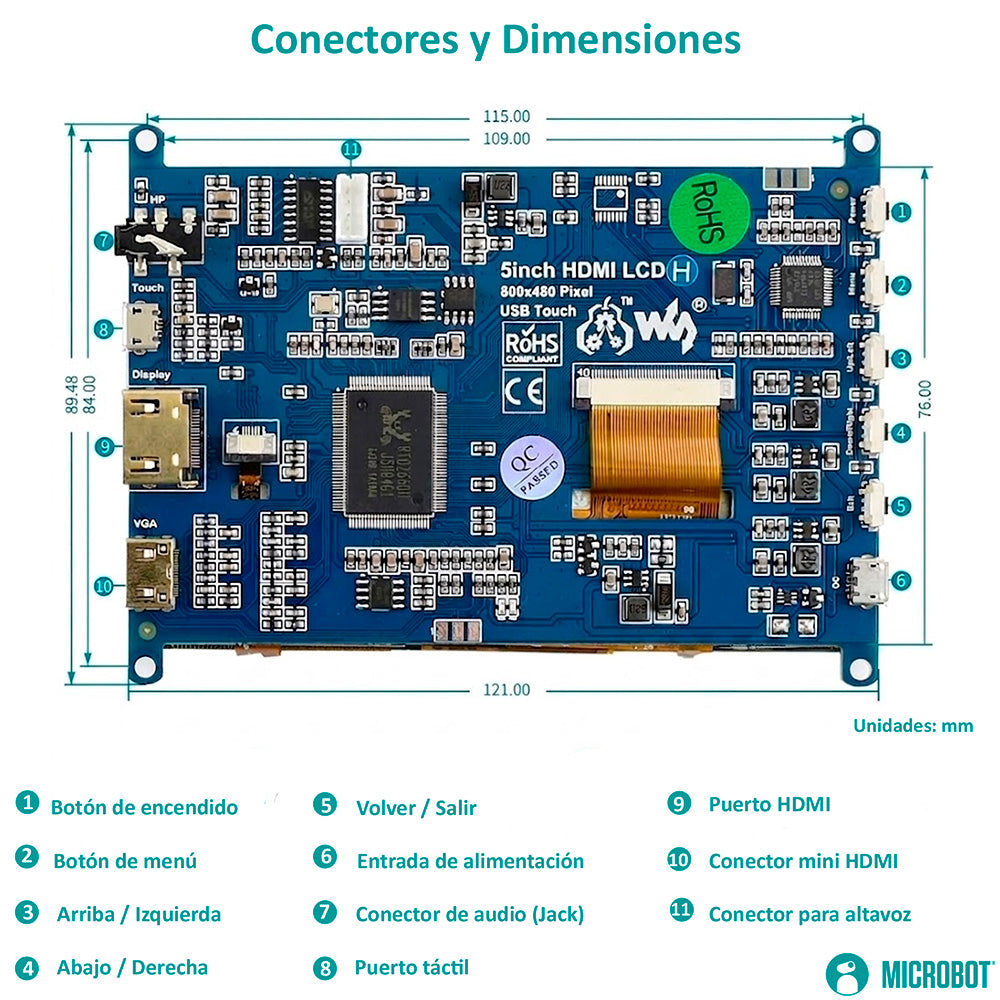 Pantalla HMI Táctil 5 Pulgadas HDMI Capacitiva 800x480 Raspberry Pi