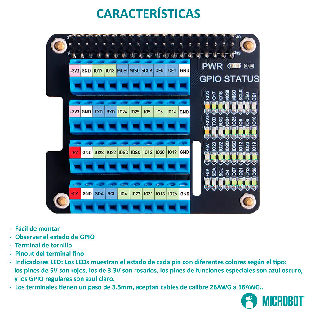 HAT de Borneras Atornillables GPIO para Raspberry Pi con LEDs