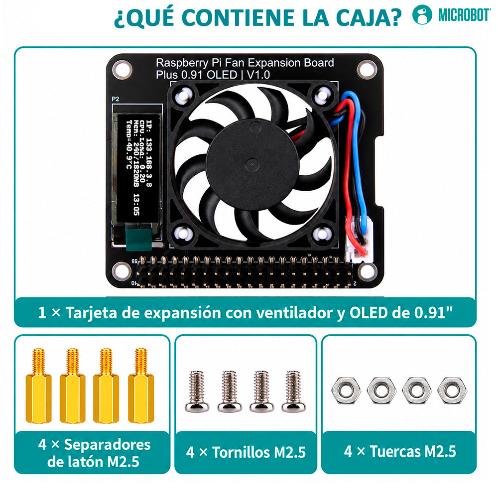 HAT Ventilador con Pantalla OLED 0.91" para Raspberry Pi 4B/3B+/3B/2B