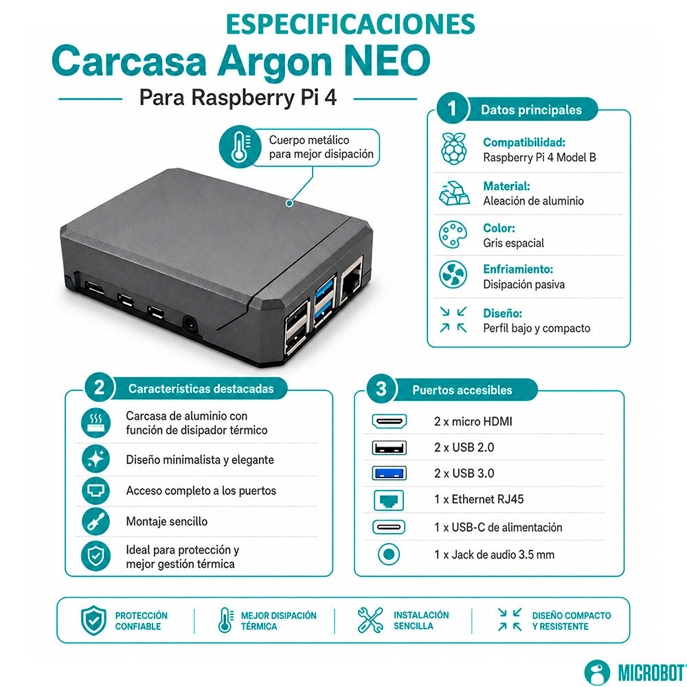 Carcasa Aluminio Argon NEO Raspberry Pi 4 Magnética Pasiva