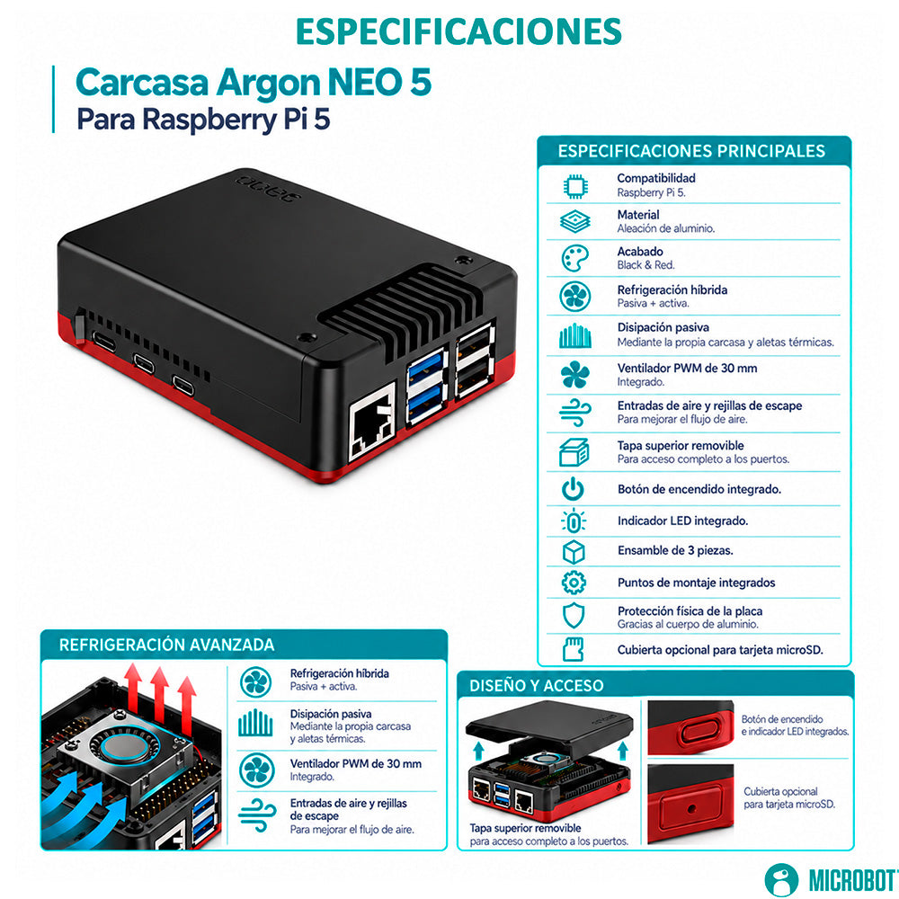 Carcasa Aluminio Argon Neo 5 Raspberry Pi 5 PWM Edge