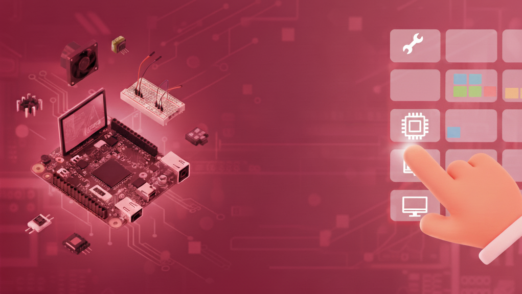Ilustración que combina hardware y software, mostrando componentes electrónicos (placa de desarrollo, chips) en un lado y una interfaz digital con iconos de programación y microchips en el otro.