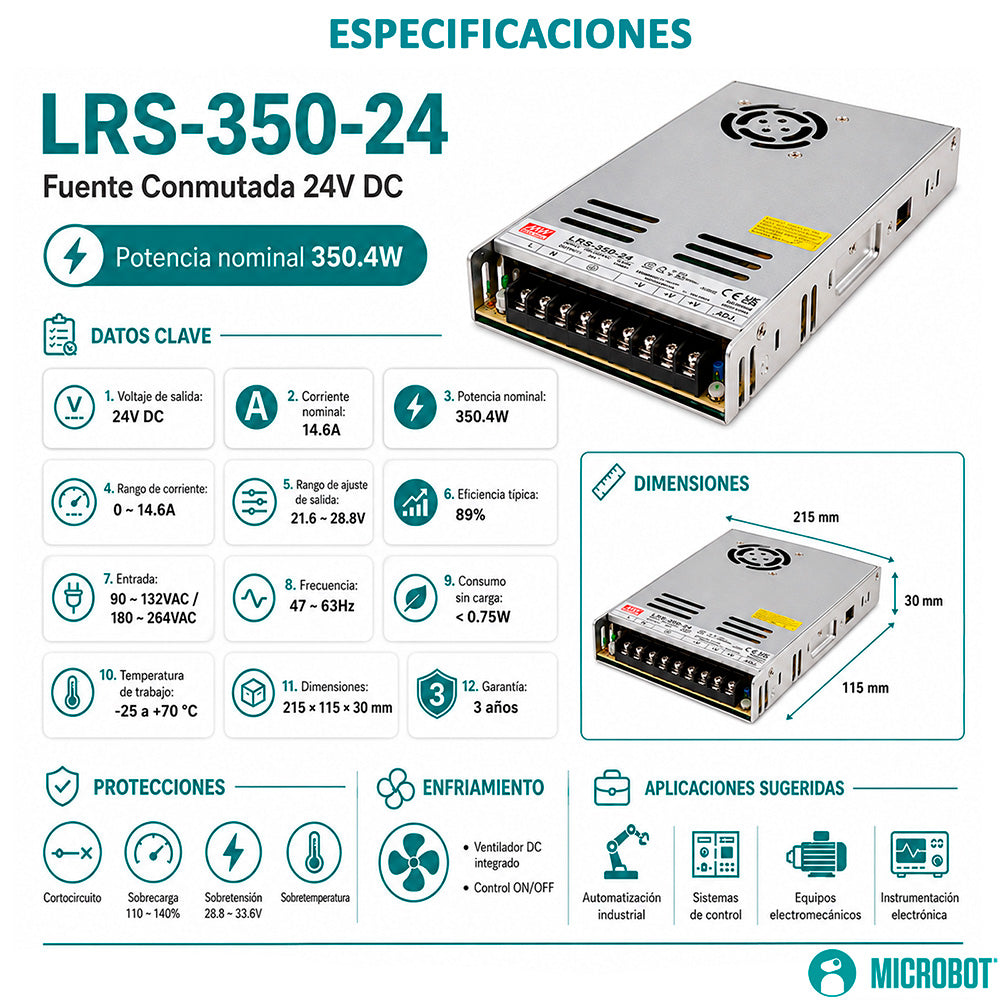 Fuente 24V 350W Mean Well LRS-350-24 1U Industrial CNC 3D