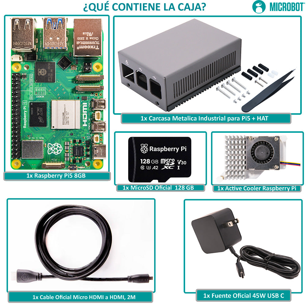 Kit Raspberry Pi 5 8GB 128GB Expansión por Ensamblar — Carcasa Aluminio HAT+ (45W)