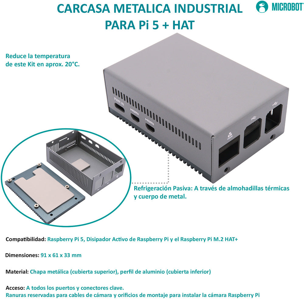 Kit Raspberry Pi 5 Expansión IA/Edge — Carcasa Aluminio HAT+ (27W, SD 64GB)