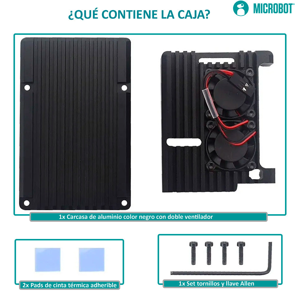 Carcasa Aluminio Raspberry Pi 4 B Disipación Doble Ventilador