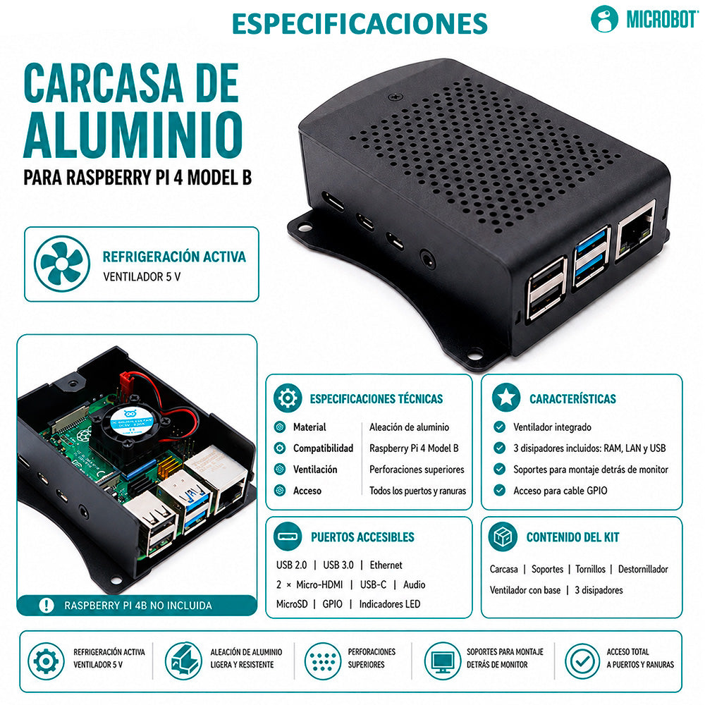 Carcasa Aluminio Negro Raspberry Pi 4B Soporte VESA 75x75