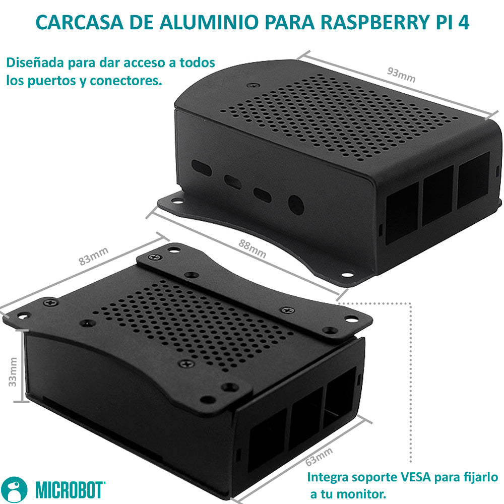 Carcasa Aluminio Negro Raspberry Pi 4B Soporte VESA 75x75