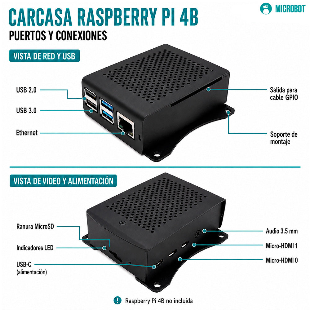 Carcasa Aluminio Negro Raspberry Pi 4B Soporte VESA 75x75