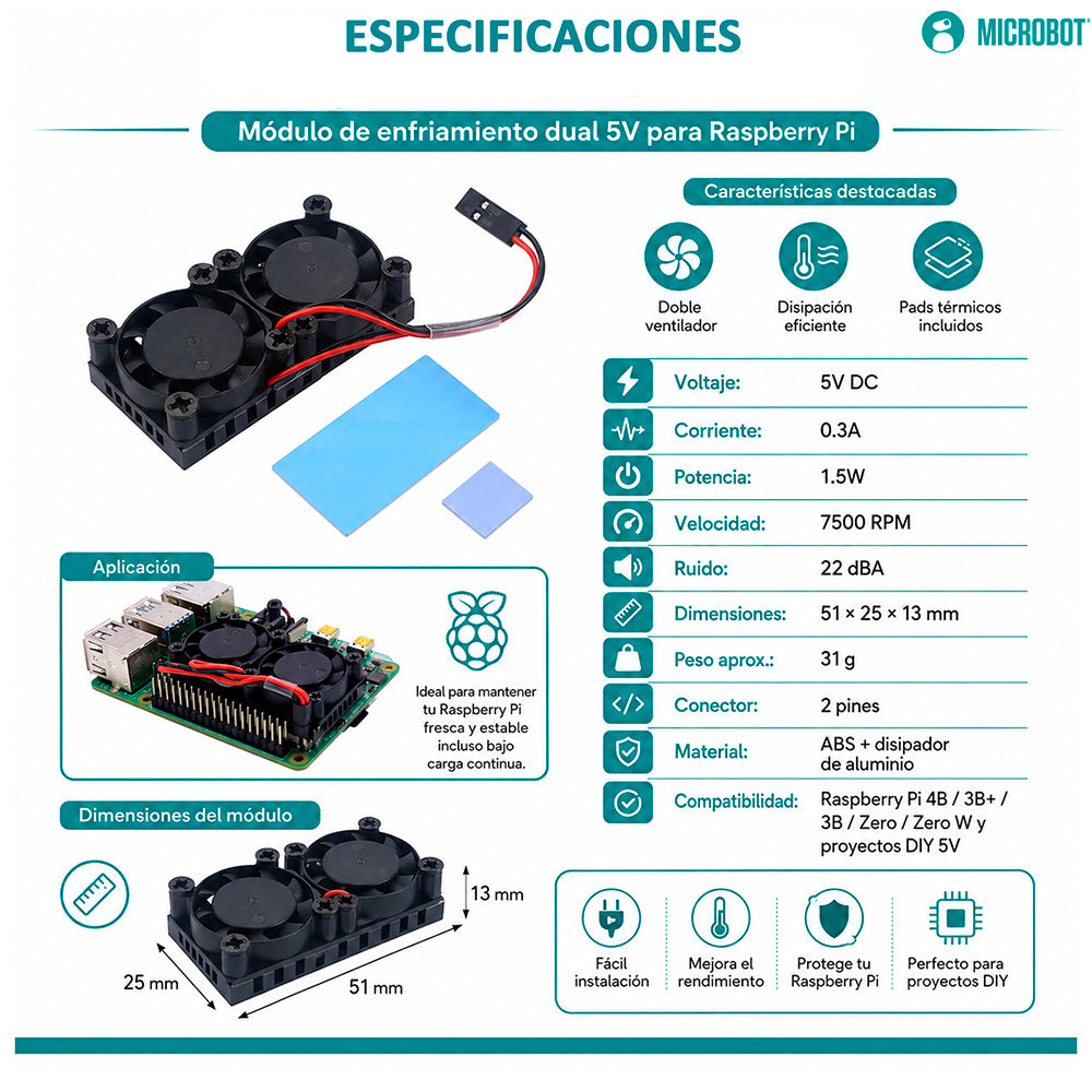 Ventilador Dual con Disipador Aluminio CNC Raspberry Pi 4
