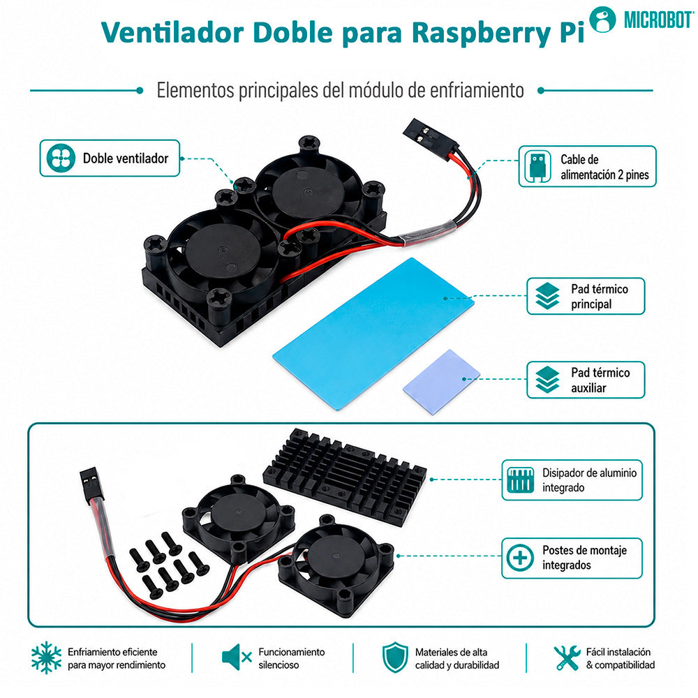 Ventilador Dual con Disipador Aluminio CNC Raspberry Pi 4