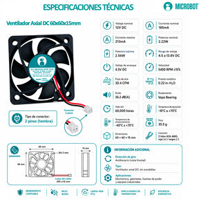 Ventilador Axial Industrial 60x15mm 12V DC 30.4 CFM 5400 RPM