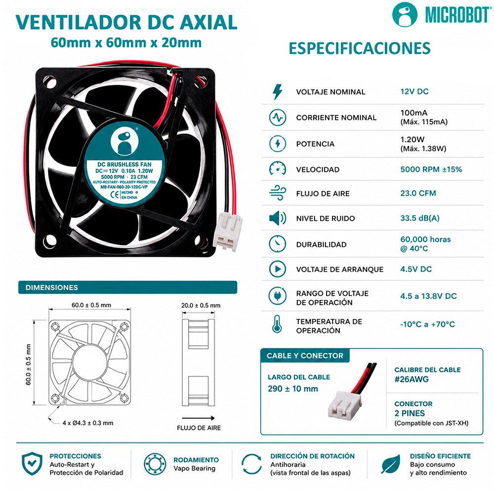Ventilador Axial Industrial 60x60x20mm 12V CD — 23 CFM 5000 RPM