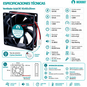 Ventilador Axial Industrial 92x92x25 12V CD 45 CFM 2700 RPM
