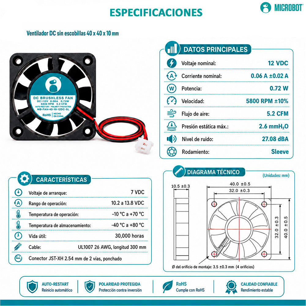 Ventilador Axial 40x10mm 12V Silencioso Gabinete SBC Mini PC