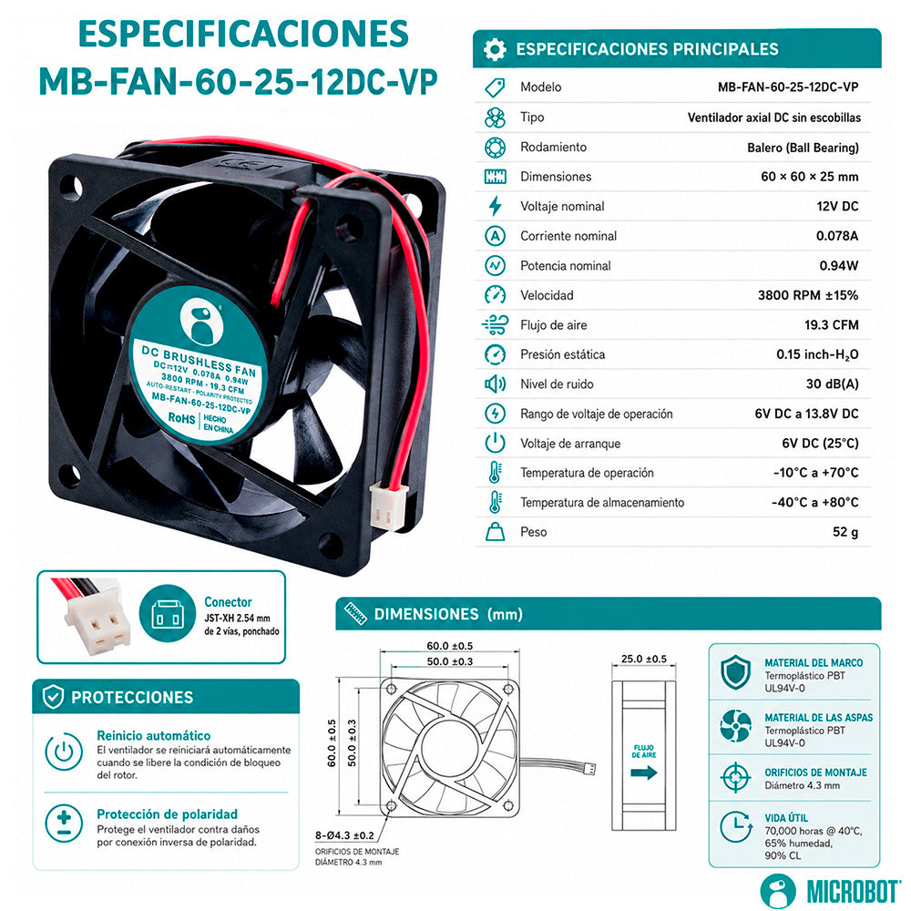 Ventilador 12V 60x60x25mm Balero Precisión Conector JST 19CFM