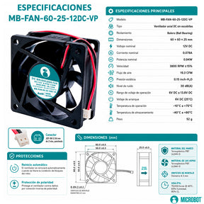 Ventilador 12V 60x60x25mm Balero Precisión Conector JST 19CFM
