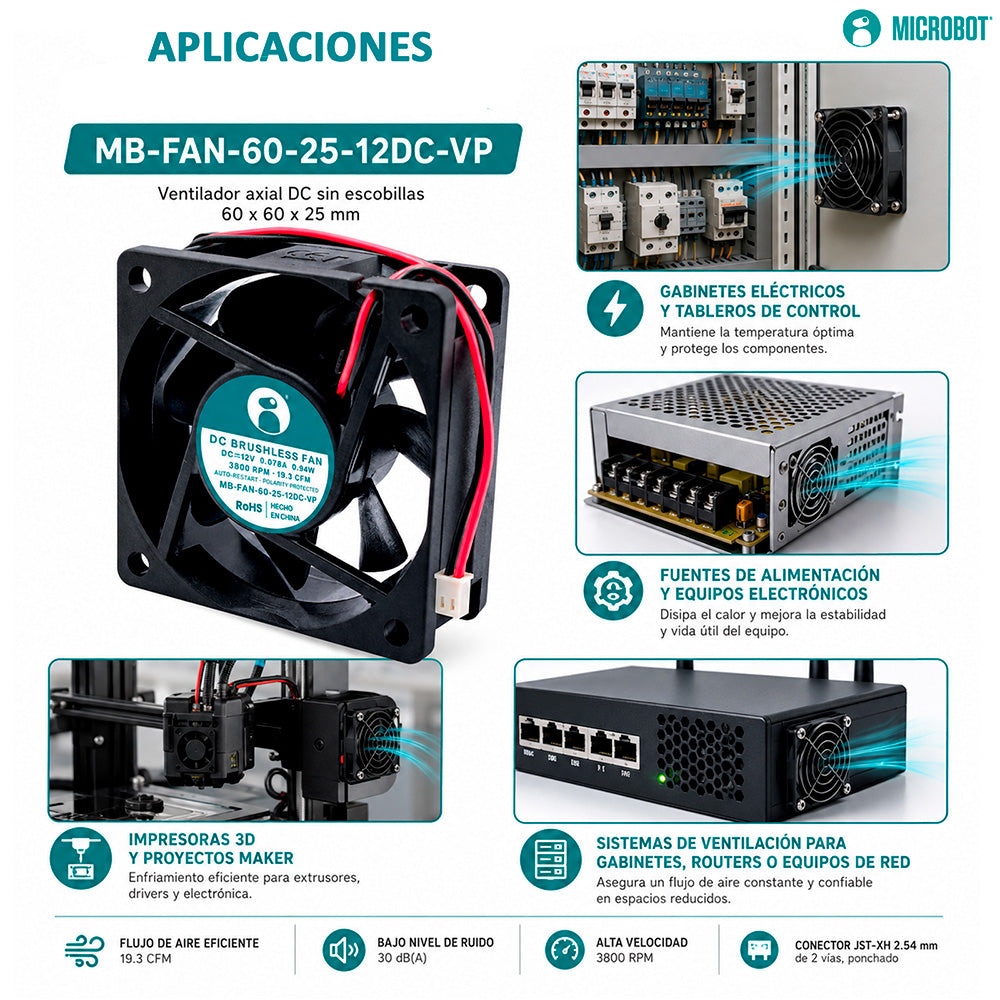 Ventilador 12V 60x60x25mm Balero Precisión Conector JST 19CFM