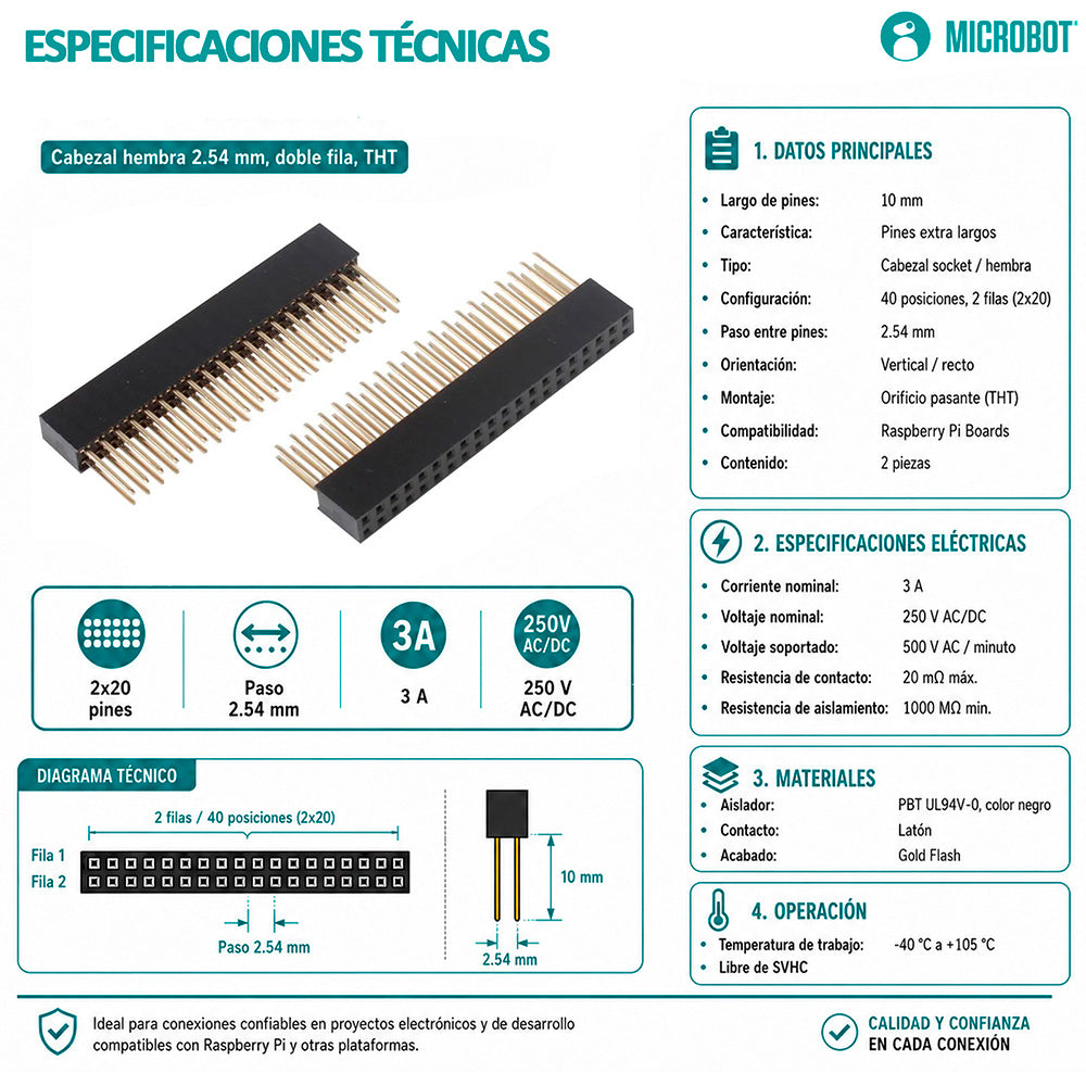 Header Hembra Apilable 2×20 Perfil Alto para Raspberry Pi