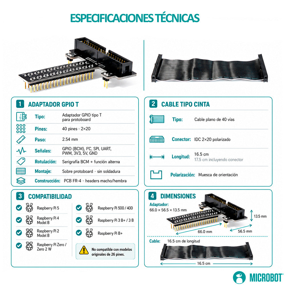 Tarjeta GPIO Tipo T T-Cobbler Raspberry Pi Cable 40 Pines Protoboard