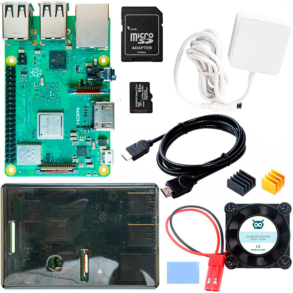 Raspberry Pi 3 B+ Starter Kit - Serie Standard (SD 64GB, Fuente Oficial 2.5A y Case)