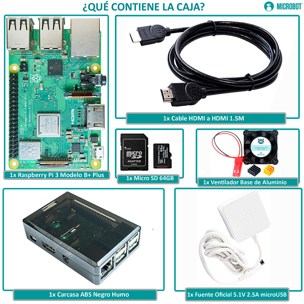 Raspberry Pi 3 B+ Starter Kit - Serie Standard (SD 64GB, Fuente Oficial 2.5A y Case)
