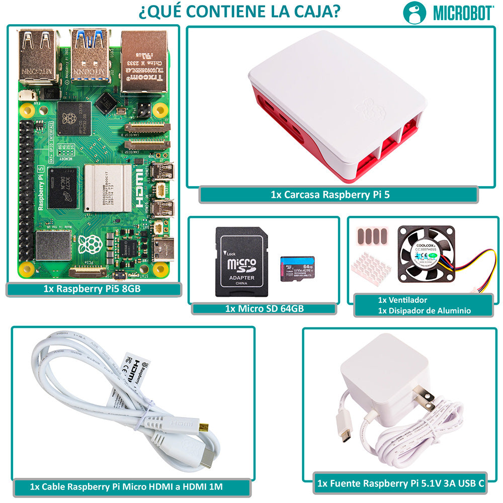 Kit Raspberry Pi 5 Esencial (27W, SD 64GB)