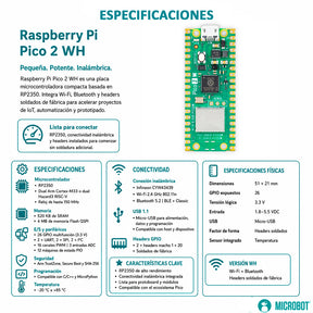 Kit Raspberry Pi  Pico 2 W RP2350 WiFi BT Headers Soldados