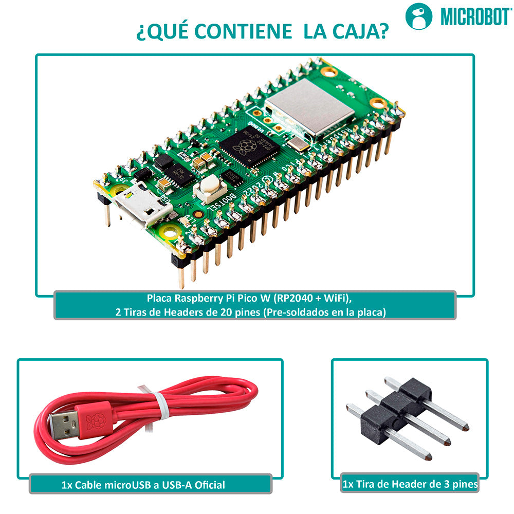 Kit Raspberry Pi Pico W RP2040 con Headers y Cable | WiFi IoT