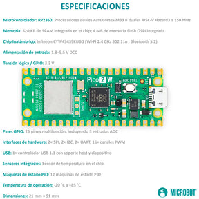 Kit Raspberry Pi  Pico 2 W RP2350 WiFi BT Headers Soldados