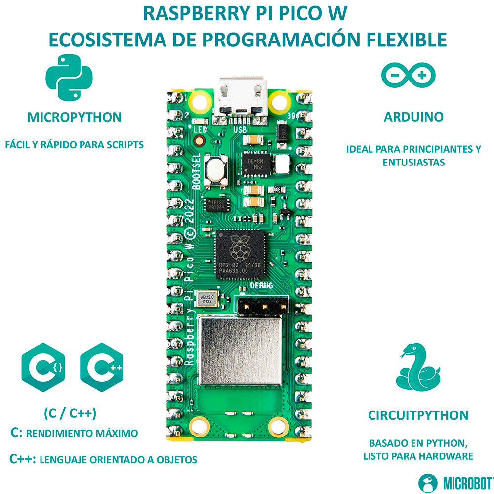 Kit Raspberry Pi Pico W RP2040 con Headers y Cable | WiFi IoT
