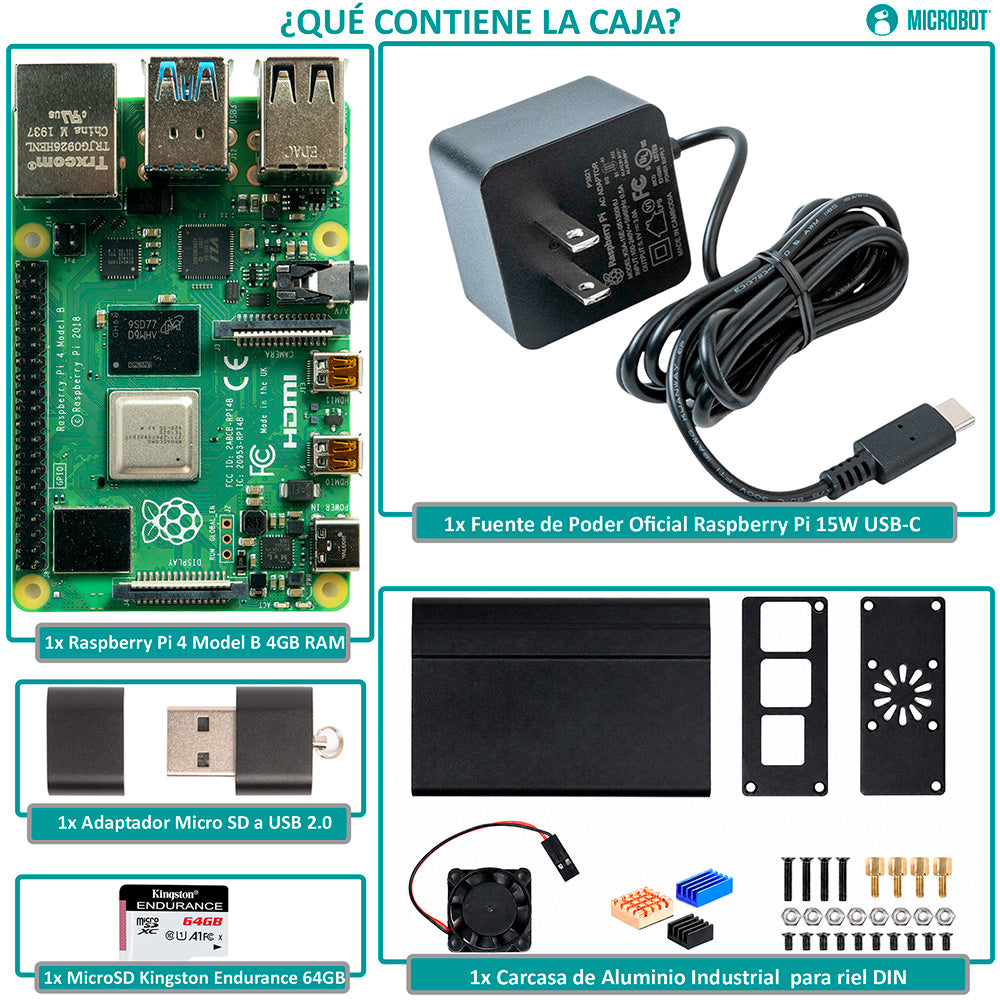 Mini PC Industrial Raspberry Pi 4 4GB Aluminio DIN Rail (SD 64GB)