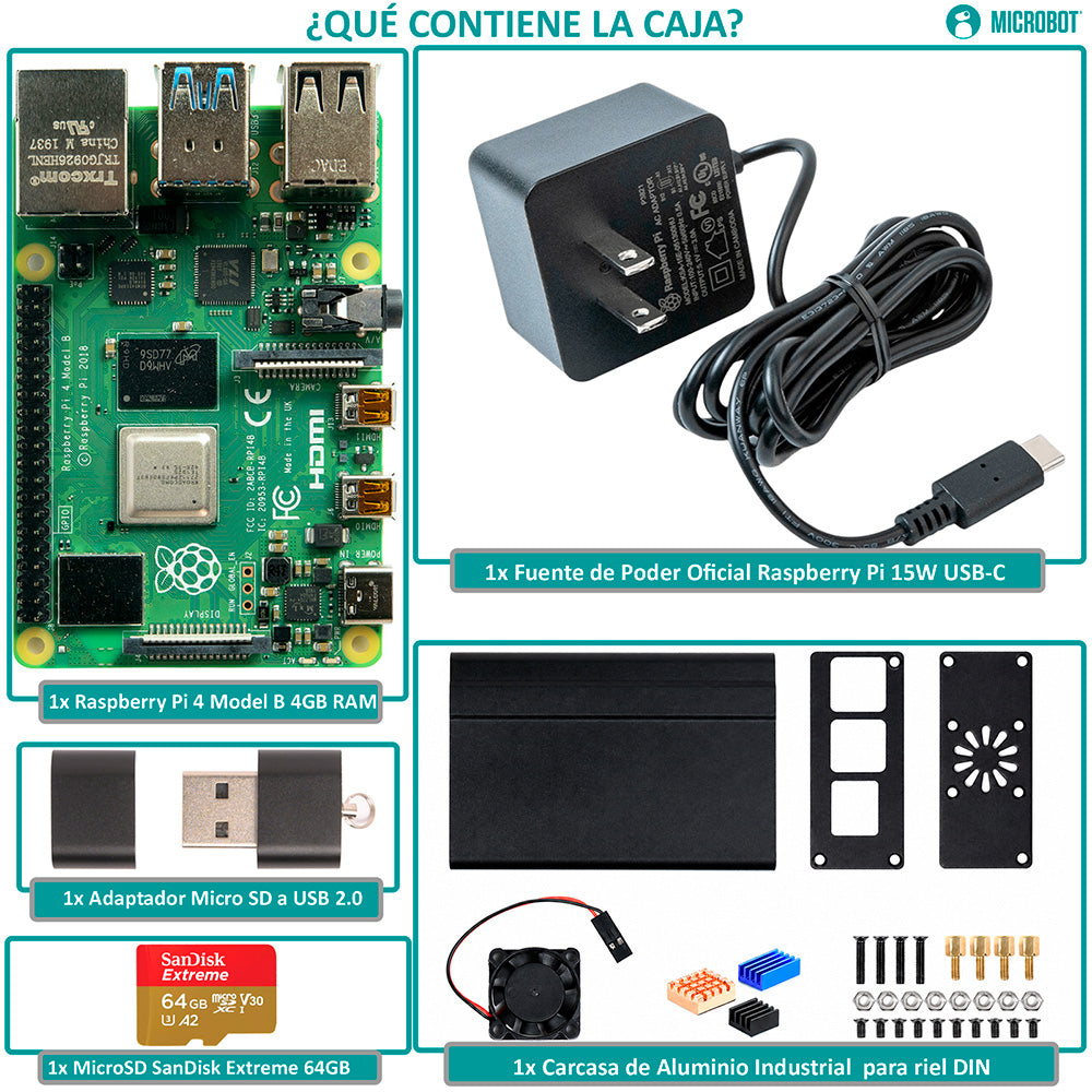 Mini PC Industrial Raspberry Pi 4 4GB Aluminio DIN Rail (SD 64GB)