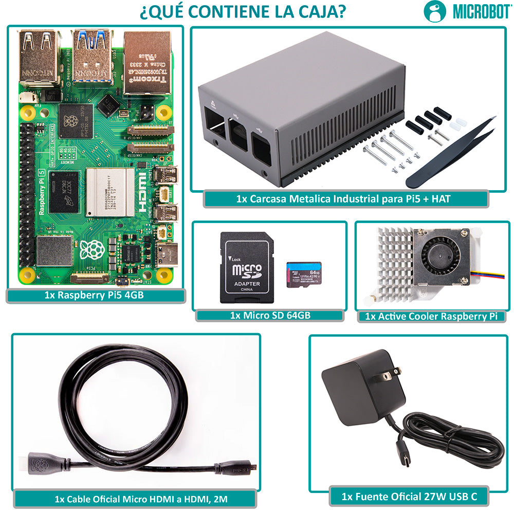 Kit Raspberry Pi 5 Expansión IA/Edge — Carcasa Aluminio HAT+ (27W, SD 64GB)