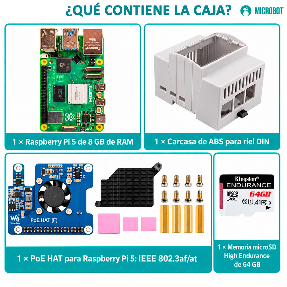 Kit Raspberry Pi 5 PoE Riel DIN Standard (802.3af/at, SD 64GB)