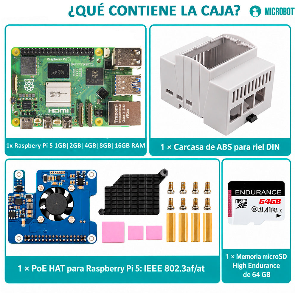Kit Raspberry Pi 5 PoE Riel DIN Standard (802.3af/at, SD 64GB)