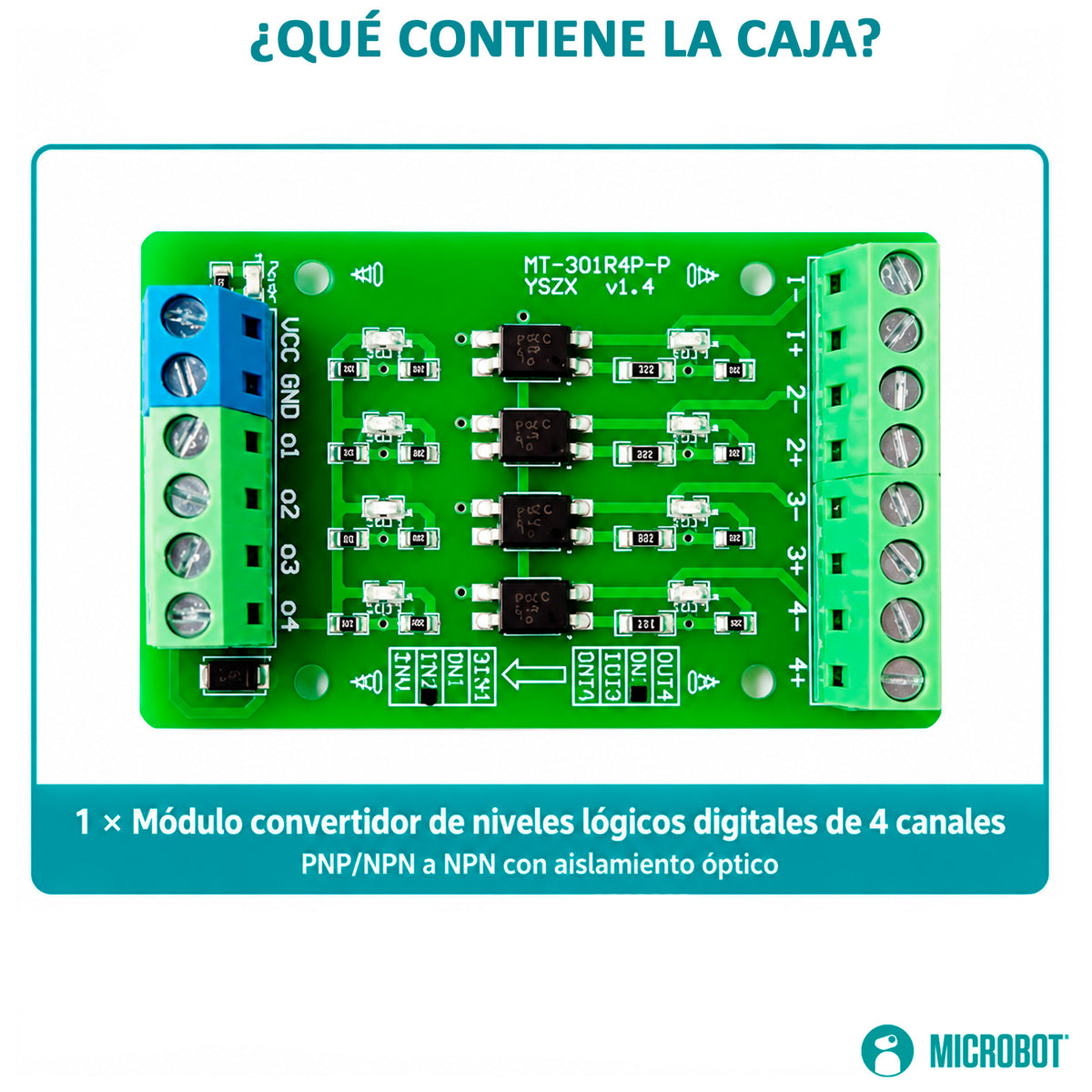 Módulo Optoacoplador 4 Canales para PLC (Entrada PNP/NPN, Salida NPN)