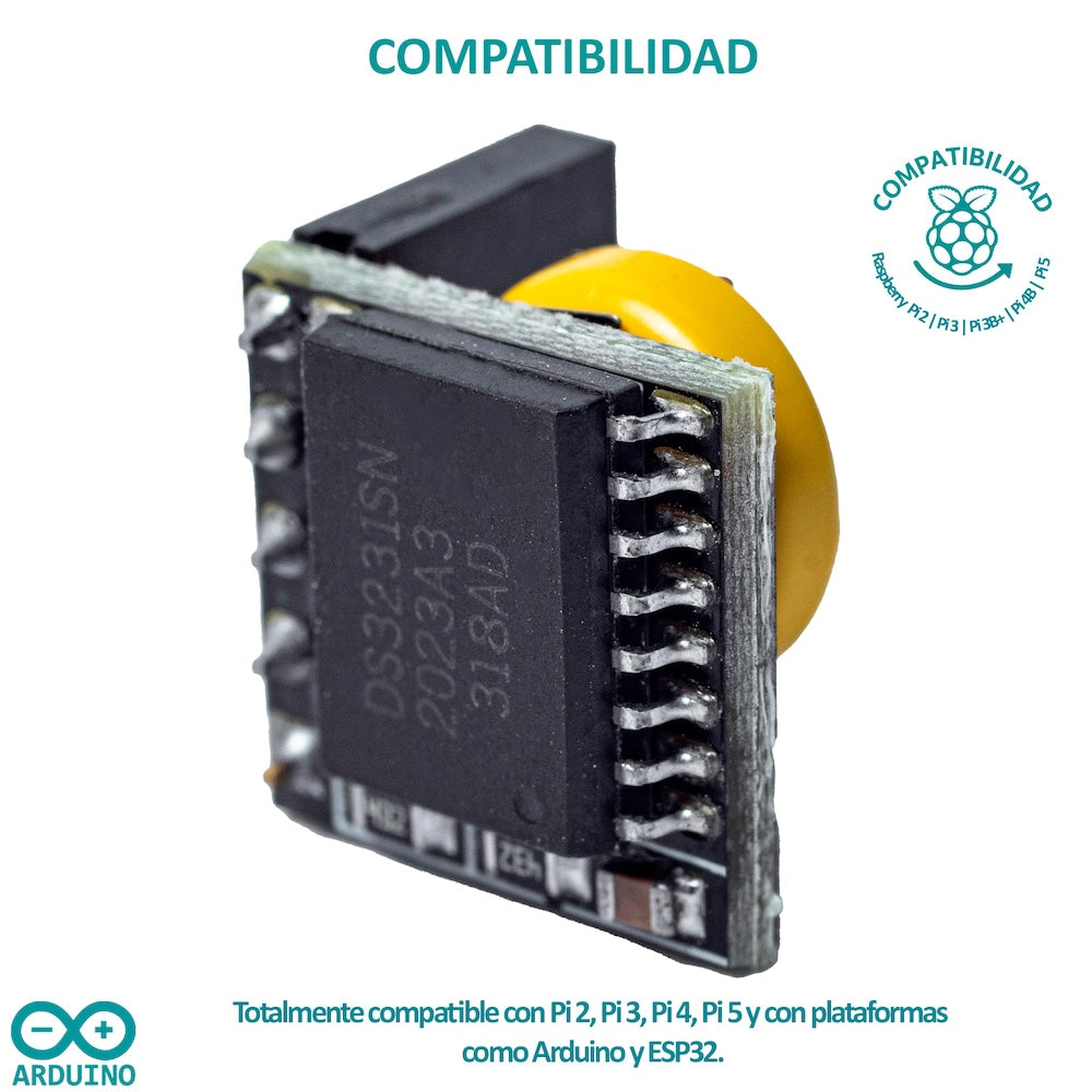 Módulo RTC DS3231 compatible con Raspberry Pi (Pi 2 a Pi 5), Arduino y ESP32.