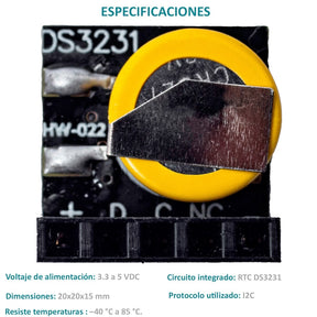 Módulo RTC DS3231 con pila de botón amarilla mostrando especificaciones técnicas como voltaje (3.3-5V), I2C y dimensiones.