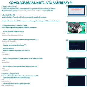 Tutorial paso a paso para añadir un chip RTC (Reloj de Tiempo Real) a una Raspberry Pi, incluyendo comandos de configuración y terminal.