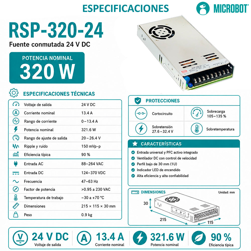 Fuente 24V 320W Mean Well RSP-320-24 PFC Industrial CNC LED