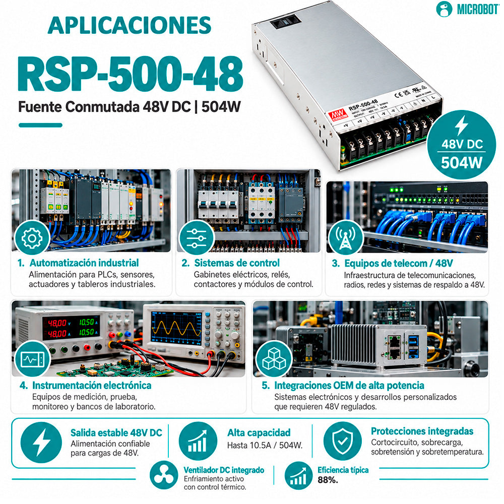 Fuente 48V 500W Mean Well RSP-500-48 PFC Industrial 1U