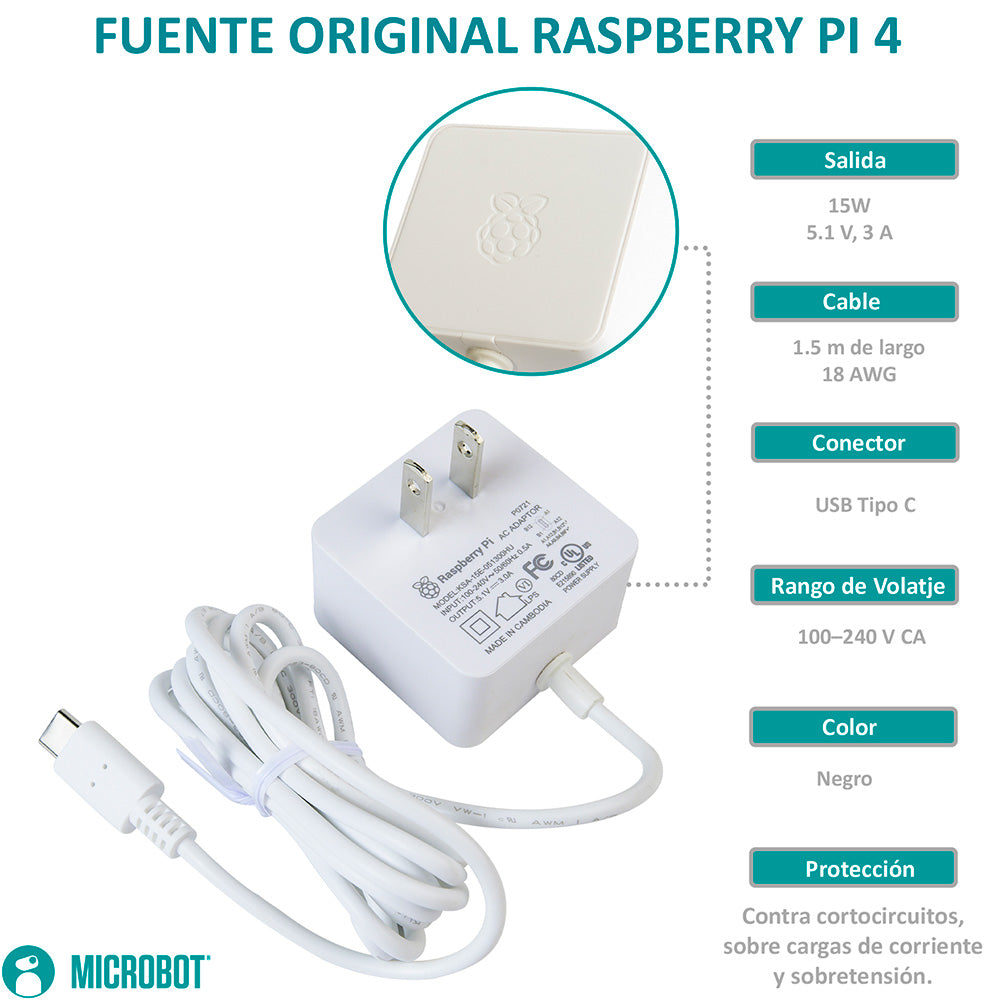Fuente Oficial Raspberry Pi 15W USB-C 5.1V 3A Pi 4 y Pi 400