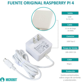 Fuente Oficial Raspberry Pi 15W USB-C 5.1V 3A Pi 4 y Pi 400